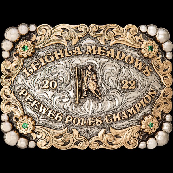 A refined buckle design ideal for showcasing a custom logo in the center crafted with a hand-engraved base and beaded corners.  100% customizable!